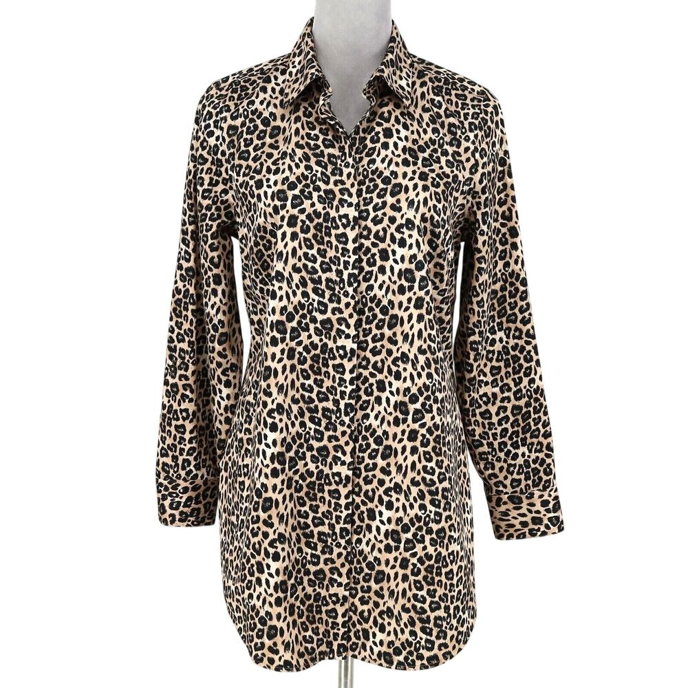 Chicos Top 0 Womens Small Beige Cotton Animal Print Blouse Wrinkle Resistant